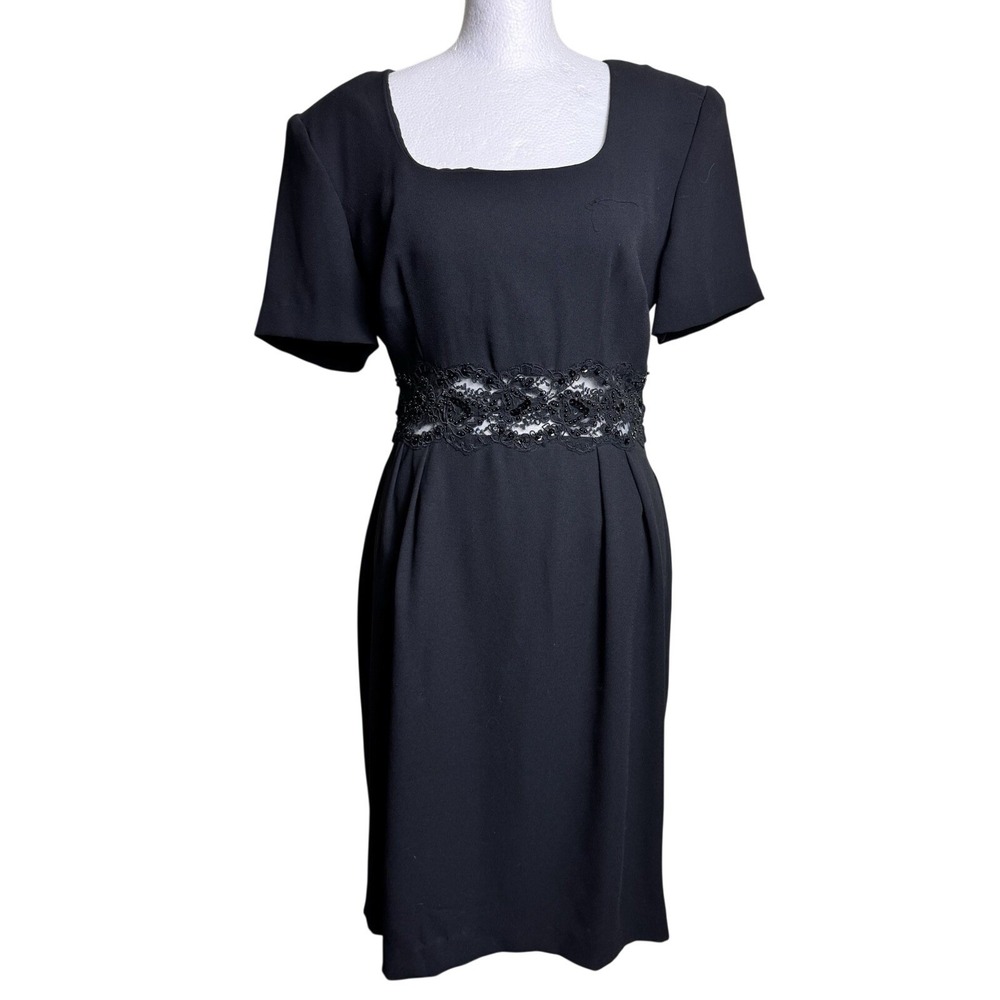 Donna Morgan Dress 8 Womens Black Square Neck Beaded Lace Waist Button Back Midi